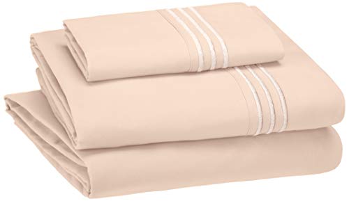 Book Cover AmazonBasics Premium, Easy-Wash Embroidered Hotel Stitch Sheet Set - Twin-XL, Blush Pink