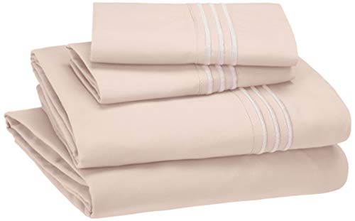 Book Cover Amazon Basics Easy-Wash Embroidered Hotel Stitch 120 GSM Sheet Set - King, Blush Pink