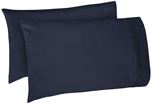 Book Cover Amazon Basics Premium, Easy-Wash Embroidered Hotel Stitch Pillowcase Set - King, Navy Blue