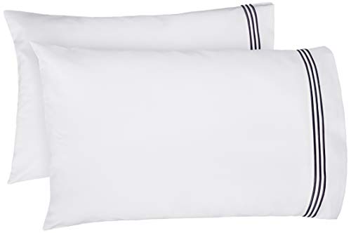 Amazon Basics Easy-Wash Embroidered Hotel Stitch Pillowcase Set - Standard, Embroidered Navy Blue