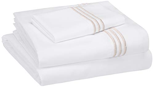 Book Cover Amazon Basics Easy-Wash Embroidered Hotel Stitch 120 GSM Sheet Set - Twin, Embroidered Taupe
