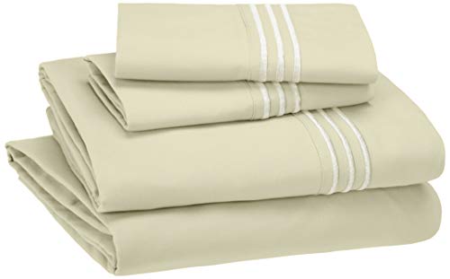 AmazonBasics Premium Embroidered Hotel Stitch Microfiber Sheet Set - Full, Aloe Green