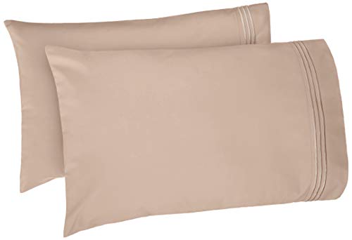 Book Cover Amazon Basics Premium, Easy-Wash Embroidered Hotel Stitch Pillowcase Set - Standard, Taupe