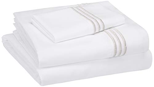 Amazon Basics Easy-Wash Embroidered Hotel Stitch 120 GSM Sheet Set - Twin, White with Embroidered Light Grey