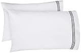 AmazonBasics Premium Soft, Easy-Wash Microfiber Embroidered Hotel Stitch Pillowcase Set - Standard, Embroidered Navy Blue