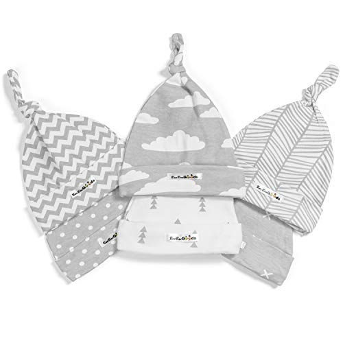 BaeBae Goods Baby Beanies â€“ Newborn Baby Hats 6 Pack â€“ Adjustable Baby Hats in Stylish, Unisex Designs â€“ Baby Boy Hats with Top Knot â€“ Stretchy Newborn Hats for Boys and Girls â€“ Infant Caps Grey