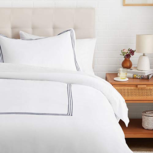 Amazon Basics Embroidered Hotel Stitch Duvet Cover Set - Soft, Easy-Wash Microfiber - Twin/Twin XL, White with Navy Blue Embroidery