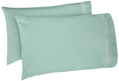 AmazonBasics Premium Soft, Easy-Wash Microfiber Embroidered Hotel Stitch Pillowcase Set  - Standard, Sea Foam