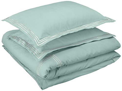Amazon Basics Embroidered Hotel Stitch Duvet Cover Set - Soft, Easy-Wash Microfiber - Full/Queen, Seafoam Green