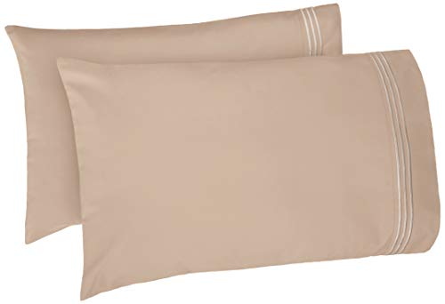 Book Cover Amazon Basics Easy-Wash Embroidered Hotel Stitch Pillowcase Set - King, Taupe