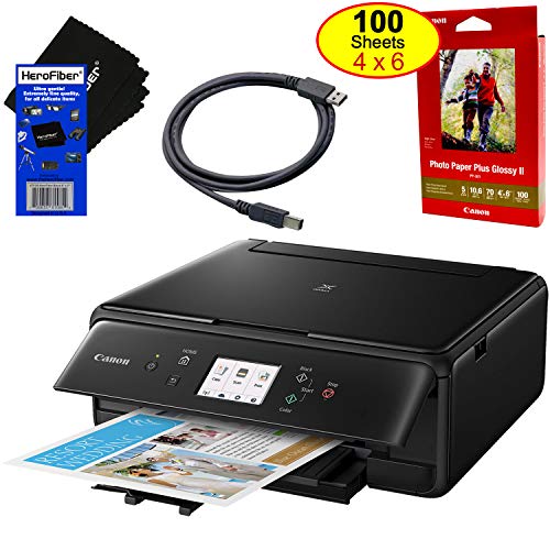 Canon Pixma TS6120 Wireless Inkjet All-in one Printer (Black) with Scan, Copy, Mobile Printing, Airprint & Google Cloud + Set of Ink Tanks + Photo Paper (100 Pack) + USB Printer Cable + HeroFiber