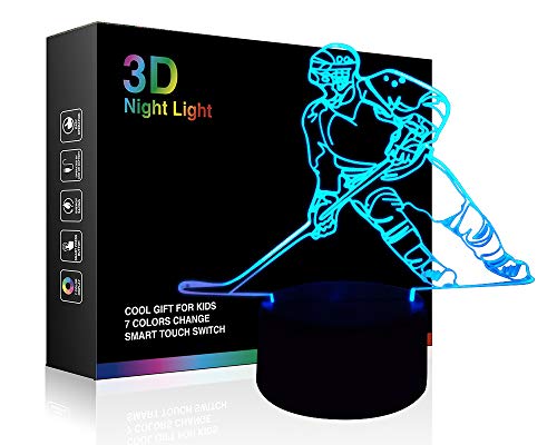 Book Cover Hockey Player 3D Lamp Night Lights for Kids 7 LED Color Changing Touch Table Desk Lamps Lighting Cool Toys Gifts Birthday Xmas Decoration for Sports Hockey Fan