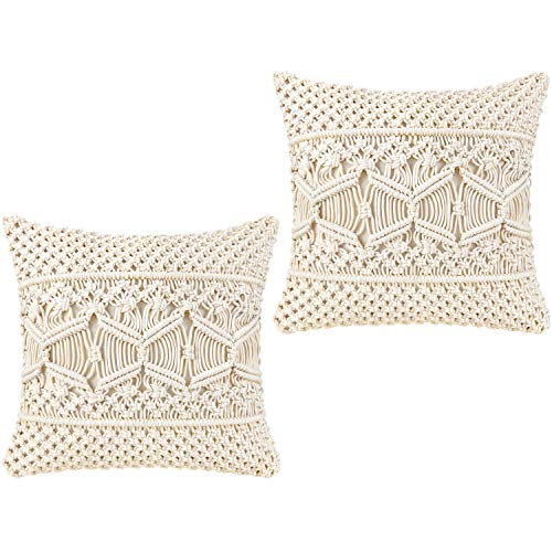 Book Cover Mkono Throw Pillow Cover Macrame Cushion Case (Pillow Inserts Not Included) Set of 2 Boho Pillows Decorative Pillow Cover for Bed Sofa Couch Bench Boho Home Decor,17 Inches