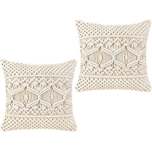 Mkono Throw Pillow Cover Macrame Cushion Case (Pillow Inserts Not Included) Set of 2 Boho Pillows Decorative Pillow Cover for Bed Sofa Couch Bench Boho Home Decor,17 Inches