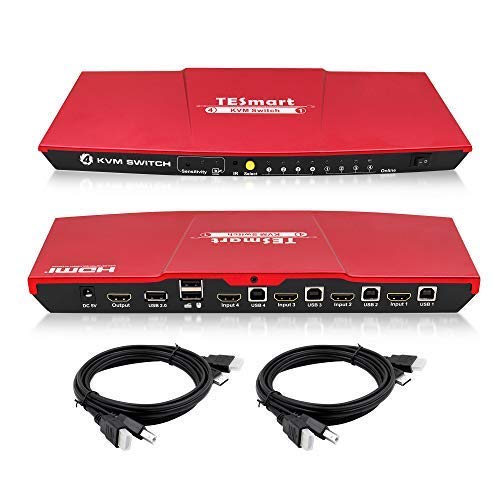 Book Cover TESmart 4 Port HDMI KVM Switch, Support 4K@30Hz RGB 4:4:4, USB 2.0 Hub, EDID, Hotkey, Button Switching, IR Remote Control, PC Keyboard Mouse Switcher Box for 4 Computers/Servers/DVR with 5ft Cables