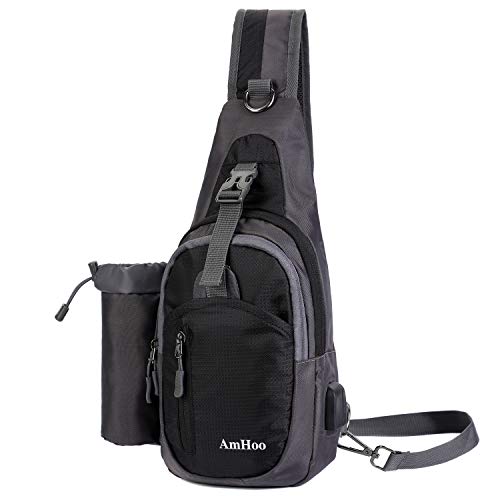 AmHoo Sling Backpack Chest Shoudler Crossbody Bag Waterproof Hiking Daypack for Women and Man with Water Bottle Holder and USB Charging Port-Black