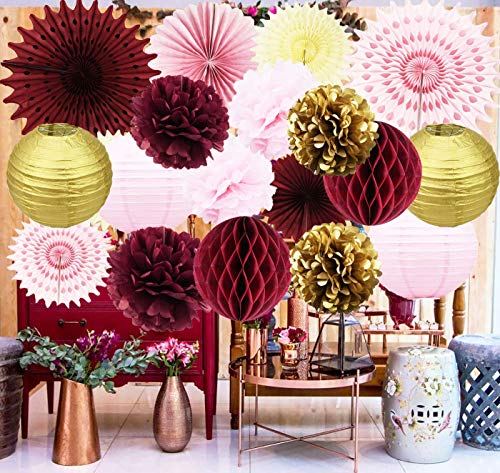 Fall Maroon Bridal Shower Decorations Burgundy Pink Gold Birthday Party Decorations/Burgundy Wedding Decor Tissue Pom Pom Tissue Paper Fan Burgundy Baby Shower Decorations