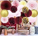 DeLaiWen 19PCS Maroon Bridal Shower Decorations Burgundy Pink Gold Party Decorations Birthday/Wedding Decor Burgundy Tissue Pom Pom/Tissue Paper Fan/Honeycom Balls Paper Lanterns Baby Shower Decorations