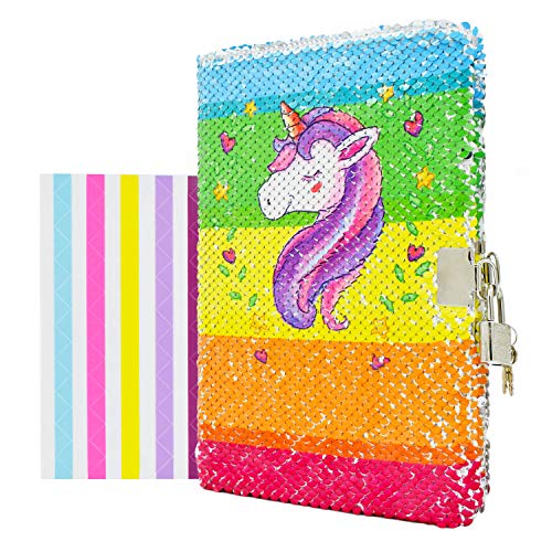 VIPbuy Unicorn Diary with Lock and Key for Kids Girls, Colorful Reversible Flip Sequin Journal Gift w/Photo Corner