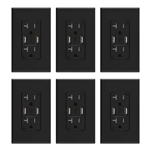 ELEGRP USB Charger Wall Outlet, Dual High Speed 4.0 Amp USB Ports with Smart Chip, 20 Amp Duplex Tamper Resistant Receptacle Plug NEMA 5-20R, Wall Plate Included, UL Listed (6 Pack, Black)