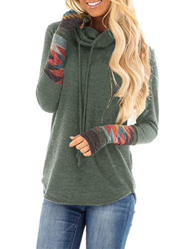 Minclouse Women's Cowl Neck Long Sleeves Tunic Tops Aztec Printed Casual Sweatshirts Cute Patchwork Blouse Pullover