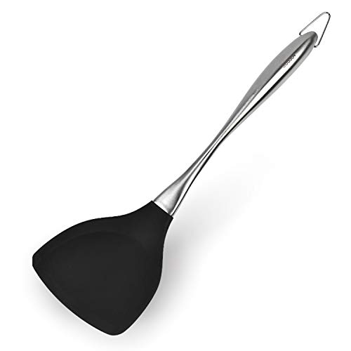 Honglida Premium Silicone Wok Turner BPA Free 600ºF Spatula Stainless Steel Handle 14-1/5 Inch for Non Stick Cookware (Black)