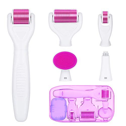6 in 1 Derma Roller Kit for Face and Body - 0.25mm and 0.3mm Micro Needle Dermaroller with 5 Replaceable Heads, Storage Case and Disinfection Tank