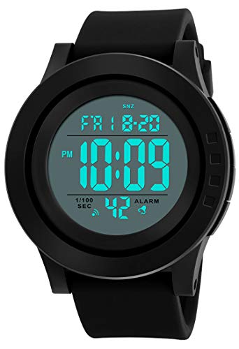 Men's Digital Sports Wrist Watch with Large Face LCD Back Light Military Time Outdoor Waterproof Electronic Casual Alarm Stopwatch- Black