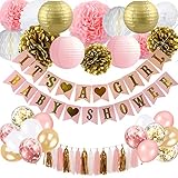 BRT Baby Girl Baby Shower Decorations - Gold & Pink Floral Theme Pack with Banner, Paper Lantern, Pompoms, Flowers, Honeycomb Ball, Ball Balloons, Foil Tassel