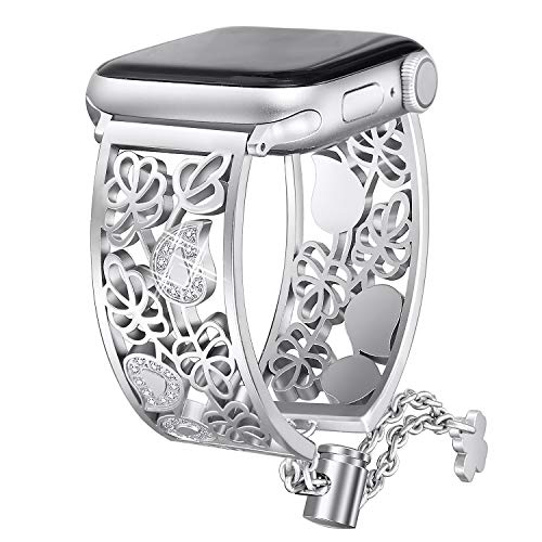 Secbolt Hollowed-out Bling Bands Compatible Apple Watch Band 38mm 40mm iWatch Series 6 5 4 3 2 1 SE Diamond Rhinestone Stainless Steel Cuff Bracelet Jewelry Bangle, Silver