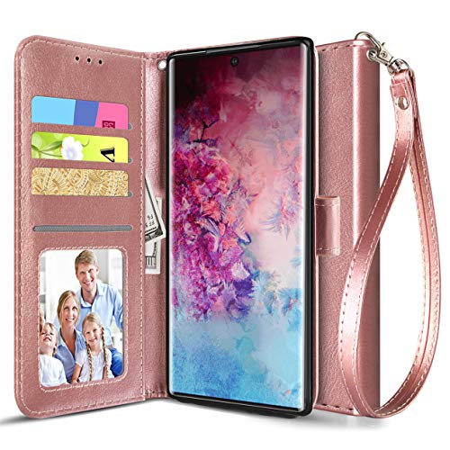 Book Cover Samsung Galaxy Note 10 plus Case,ADroid Luxury PU Leather Samsung Galaxy Note 10+ 5G Wallet Case with Kickstand Card Holder ID Slot and Hand Strap Shockproof Protective Cover-Rose Gold