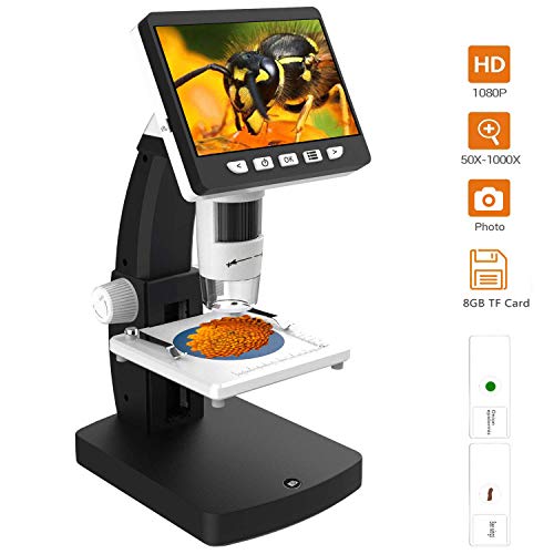LCD Digital Microscope, YINAMA 4.3 Inch 50X-1000X Magnification 1080P Compound Handheld Microscopes Camera with Rechargeable Battery Mini Hdmi Port 8 LED Lights 8G SD Card and Slides