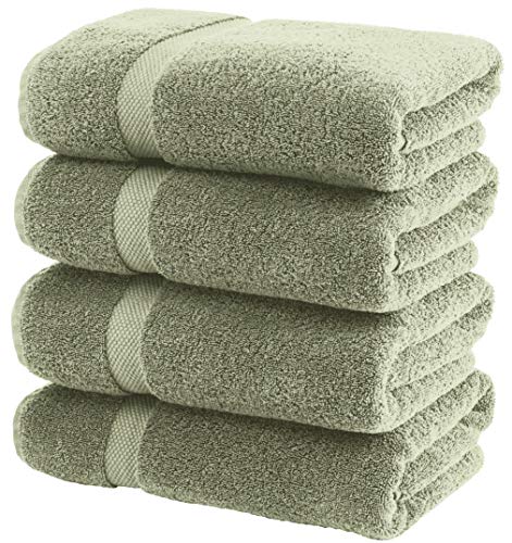 White Classic Luxury Bath Towels Large | 700 GSM Cotton Absorbent Hotel Bathroom Towel | 27x54 Inch | 4 Pack | Green