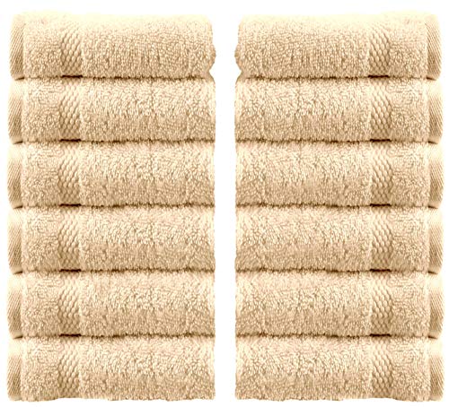 Book Cover White Classic Luxury Washcloths - Hotel Spa Collection | Circlet Egyptian Cotton | Absorbent Large Bathroom Face Towel | 13x13 Inch | Set of 12 | Beige