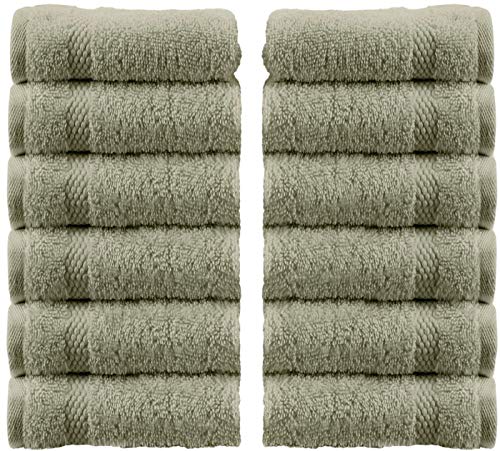 Book Cover White Classic Luxury Cotton Washcloths - Large Hotel Spa Bathroom Face Towel | 12 Pack | Green