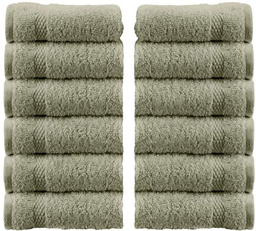 White Classic Luxury Cotton Washcloths - Large Hotel Spa Bathroom Face Towel | 12 Pack | Green