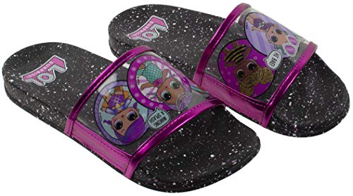 L.O.L. Surprise! Girl's Sandal, Mix Match Baby Cat Merbaby Super BB Crystal Queen Cosmic Queen and Queen Bee Slide Sandal, Black Pink, Girls Size 10 to 1, Ages 4 to 10