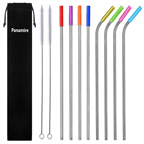 Stainless Steel Metal Straws, Reusable Drinking Straws?10.5''?, Drinking Straws Set 8 (4 Straight + 4 Bent + 2 Brushes + 8 Coloful Silicone Tips)