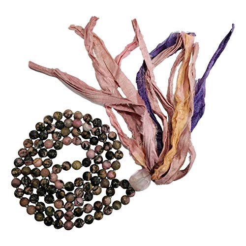 Live Radiantly 108 Mala Bead Necklace - 8mm Matte Rhodonite Stones - Rose Quartz Guru Bead - Sari Silk Tassel - Meditation, Mindfulness, Yoga - Mala to Foster Forgiveness, Healing and Love