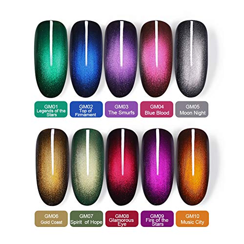 BORN PRETTY Glamorous Cat Eye Gel Polish Soak Off Magnetic Nail UV Jewel Gem Varnish Set 10 Colors and 1 Base Color