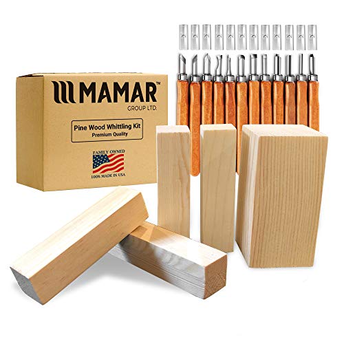 Book Cover MAMAR Pine Wood Carving Whittling Kit - 12 Piece SK10 Carbon Steel Tools and 5 Large Wood Blocks Bundle - Whittlers Pick - Preferred Choice for Adults and Kids - Great Learning Set for Beginner or Pro
