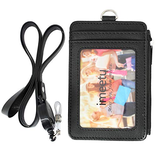 Book Cover imeetu Leather Badge Holder ID Card Holder with 1 Zipper Pocket and Retractable Reel(Black)