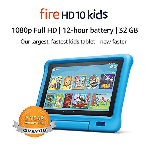 Book Cover Fire HD 10 Kids Tablet â€“ 10.1â€ 1080p full HD display, 32 GB, Blue Kid-Proof Case (2019 Release)