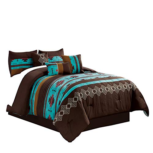 Book Cover WPM WORLD PRODUCTS MART 7 Piece Western Southwestern Native American Design Comforter Set Multicolor Coffee Brown Embroidered Size Bed in a Bag Navajo Bedding Set- Makala (Teal, Queen)