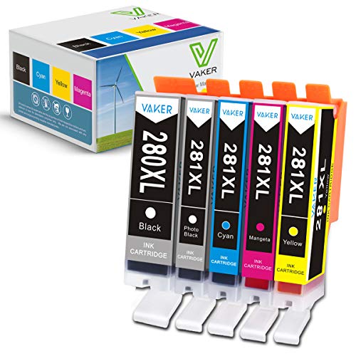 VAKER Remanufactured Ink Cartridge Replacement for Canon PGI-280XXL CLI-281XXL PGI 280 XXL CLI 281 XXL Compatible with PIXMA TS9120 TR8520 TS6120 TS8220 TS6220 TS8120 TS9521C TR8500 TS6100 (5 Pack)