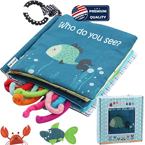 Book Cover Sea Animal Fabric Cloth Book,Soft Baby books(Fishy Tails),Soft Activity Crinkle Book Toys for Early Education for Babies,Toddlers,Infants,Kids with Teether Ring, Gift Box,Teething Book Baby Shark Tail