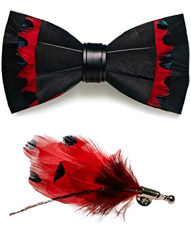 RBOCOTT Handmade Feather Pre-tied Bow tie and Brooch Sets for Men