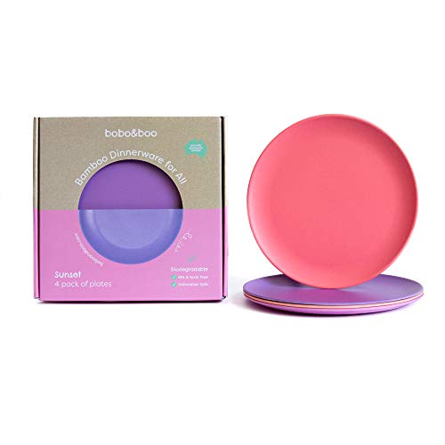 BOBO&BOO Big Kid Sized (10inch) Bamboo Plates for Adults & Kids | 4 Set | Durable Bamboo Dinnerware Set for Home, Picnic & Party Time – BPA Free – Dishwasher Safe - Sunset