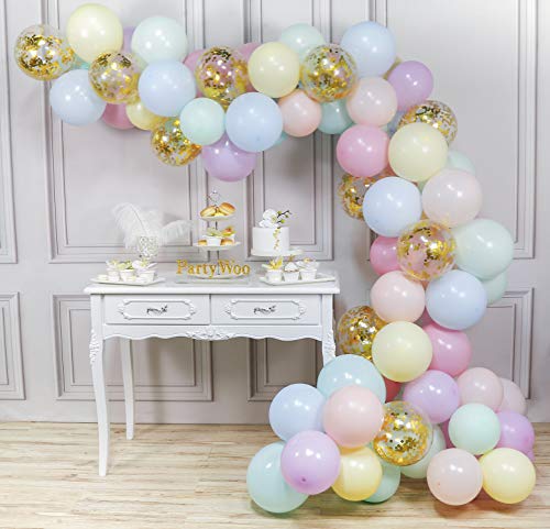 PartyWoo Pastel Balloons Pack, 80 pcs 12 Inch Assorted Pastel Colors Balloons and Gold Confetti Balloons, Gold Balloons Pastel 7 Colors for Pastel Wedding Decorations, Pastel Girl Birthday Decorations