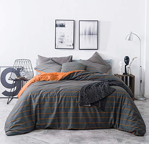 Book Cover SUSYBAO 3 Pieces Duvet Cover Set 100% Natural Cotton Queen Size Orange and Grey Reversible Bedding with Zipper Ties 1 Stripe Plaid Duvet Cover 2 Pillowcases Luxury Quality Soft Breathable Comfortable